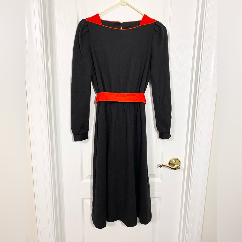 80s Altogether USA MADE Two Tone Wool Blend Belted Knit Dress Vintage Black Red